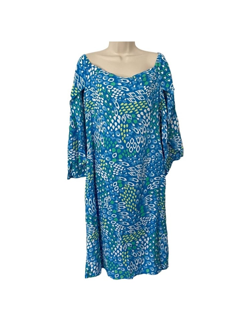 Escapada Ashby Dres Blue Green Peacock Print 3/4 Split Sleeve Off Shoulder Sz M